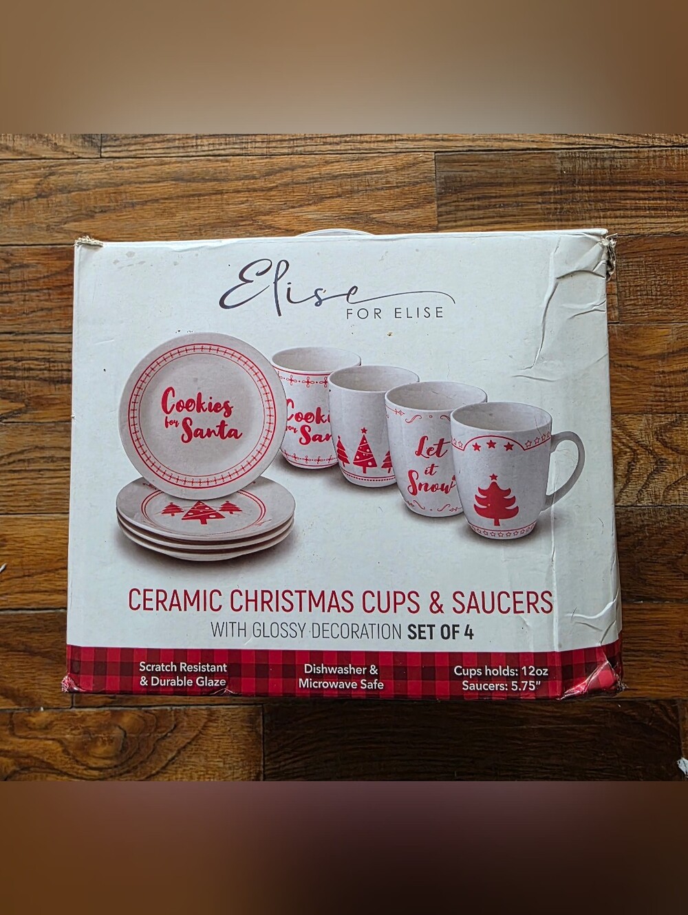 Festive Red Ceramic Christmas Cups & Saucers - Set of 4
